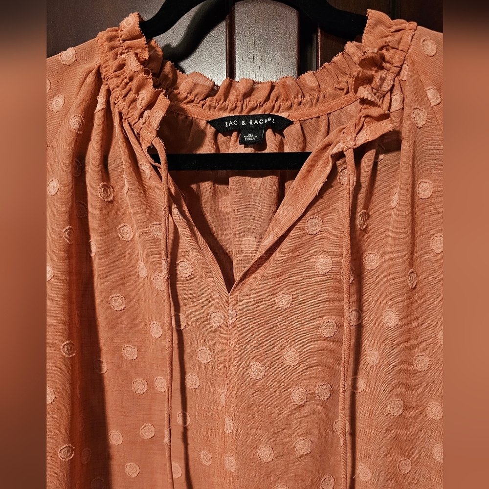 Rachel & Zoe XL Smocked Peplum Ruffled Swiss Dot Blouse Mandarin Collar NWOT - Picture 7 of 13